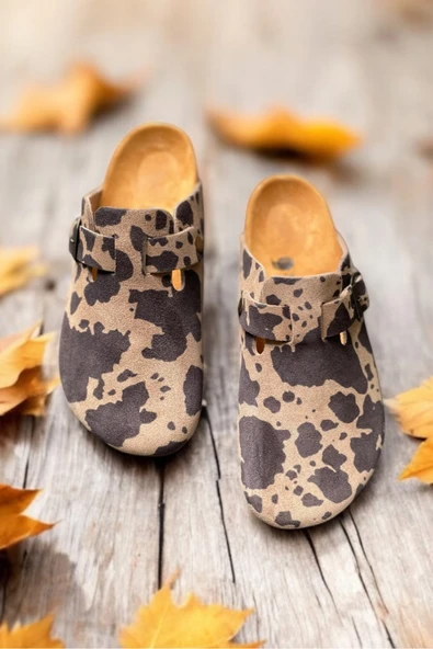 Land of Cork Anatomik Doğal Mantar Tabanlı Animal Print Süet Deri Kadın Terlik ürün görseli 1