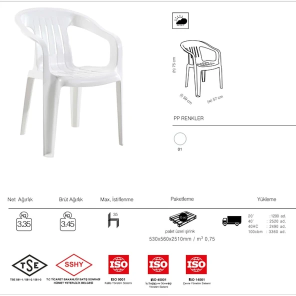 Papatya Elit Koltuk Beyaz 6lı Paket - Plastik Bahçe Balkon Sandalyesi - Resim 4