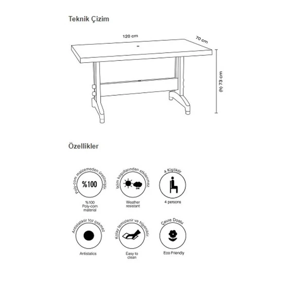 Papatya Nova Plastik Masa Teak - 70x120 Bahçe Balkon Masası - Resim 5
