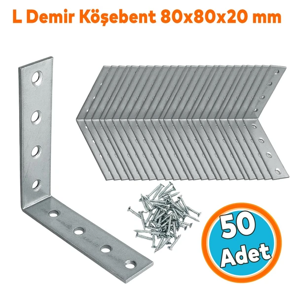 (50 ADET) Mobilya Dolap Duvar Sabitleme Metal Köşebent 20x80x80 mm Bağlantı Aparatı L Demiri Gönye ürün görseli 1