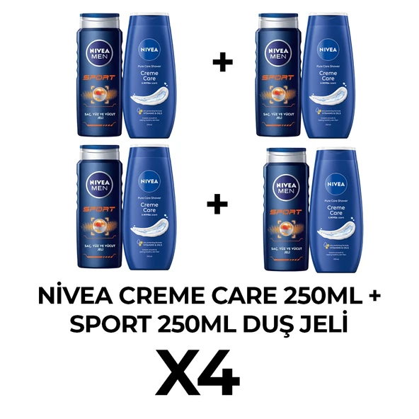 Nivea Creme Care 250ml + Sport 250ml Duş jeli x4 ürün görseli 1