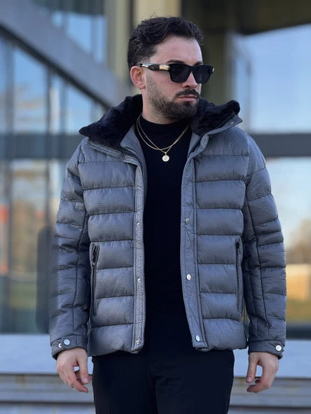 YAKASI KÜRKLÜ DERİ ERKEK MONT - Resim 3