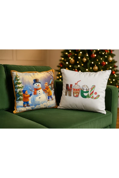 Çift Tarafı Baskılı Candy Christmas Desenli 2'li Set Kadife Kırlent Kılıfı Yılbaşı - Noel - Resim 2