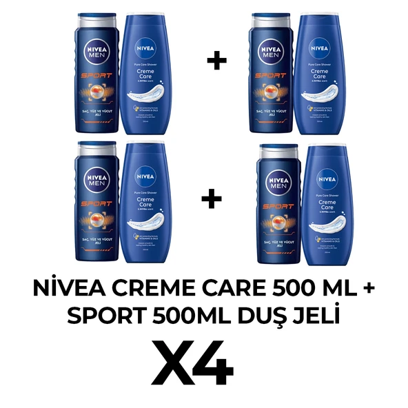 Nivea Creme Care 500ml + Sport 500ml Duş jeli x4 ürün görseli 1