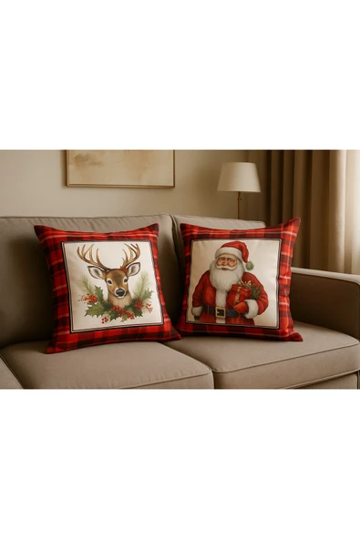 Çift Tarafı Baskılı Candy Christmas Desenli 2'li Set Kadife Kırlent Kılıfı Yılbaşı - Noel - Resim 2