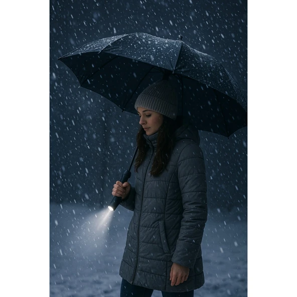 Siyah El Fenerli Katlanabilir Şemsiye – Yağışlı ve Karanlık Havalara Özel Tasarım - Resim 3