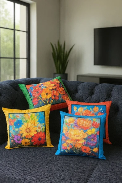 Kırlent kılıfı 3D Dijital Baskılı 4 Lü Takım Çiçekler Temalı Yastık Kılıfı - Resim 3