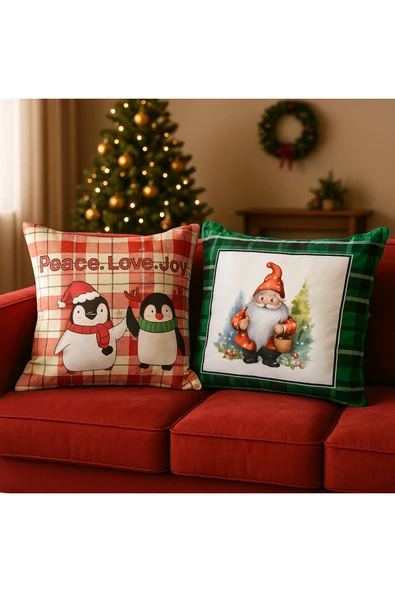 yılbaşı Temalı 2'i Kadife Kırlent Kılıfı 43x43 cm Nakış Görünümlü Set Dijital Baskılı - Resim 2