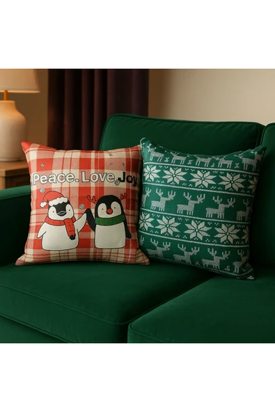 yılbaşı Temalı 2'i Kadife Kırlent Kılıfı 43x43 cm Nakış Görünümlü Set Dijital Baskılı ürün görseli