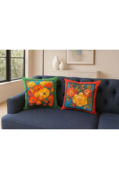 Kırlent kılıfı 3D Dijital Baskılı 2'Lİ Çiçek Bahçesi Temalı Yastık Kılıfı ürün görseli