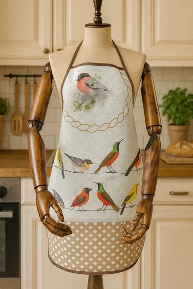 Dijital Baskılı Su Sıvı Geçirmez Leke Tutmaz Mutfak Önlüğü Kuş Diyarı - Resim 3