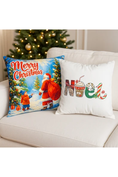 Çift Tarafı Baskılı Candy Christmas Desenli 2'li Set Kadife Kırlent Kılıfı Yılbaşı - Noel ürün görseli