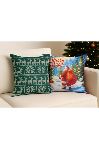 Çift Tarafı Baskılı Candy Christmas Desenli 2'li Set Kadife Kırlent Kılıfı Yılbaşı - Noel - Resim 3