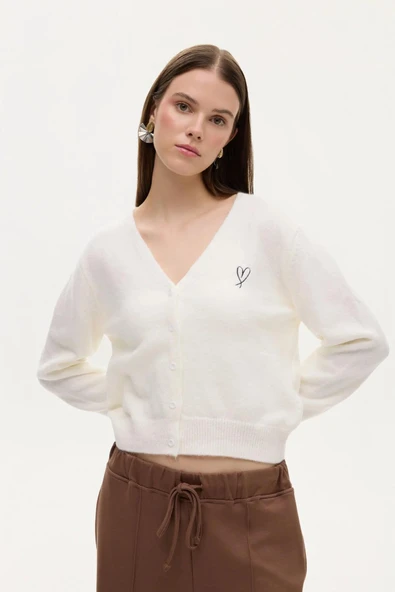 Quzu Kalp Nakışlı Kadın Triko Hırka - Resim 4