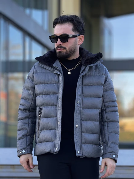 YAKASI KÜRKLÜ DERİ ERKEK MONT - Resim 4