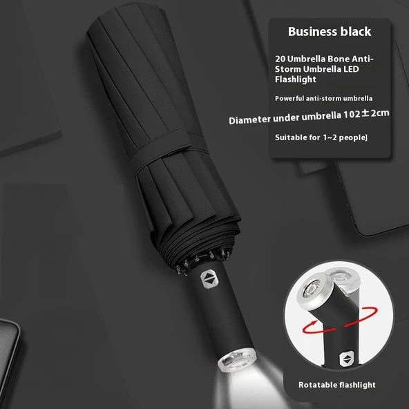 Siyah El Fenerli Katlanabilir Şemsiye – Yağışlı ve Karanlık Havalara Özel Tasarım - Resim 7