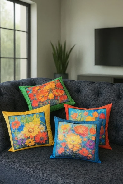 Kırlent kılıfı 3D Dijital Baskılı 4 Lü Takım Çiçekler Temalı Yastık Kılıfı ürün görseli