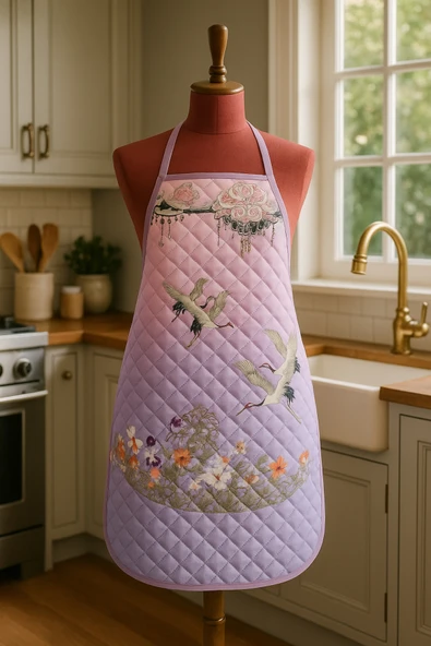 Kapitoneli Sıvı Geçirmez Leke Tutmaz Mutfak Önlüğü Dijital Baskılı Önlük Pembe Rüya - Resim 4
