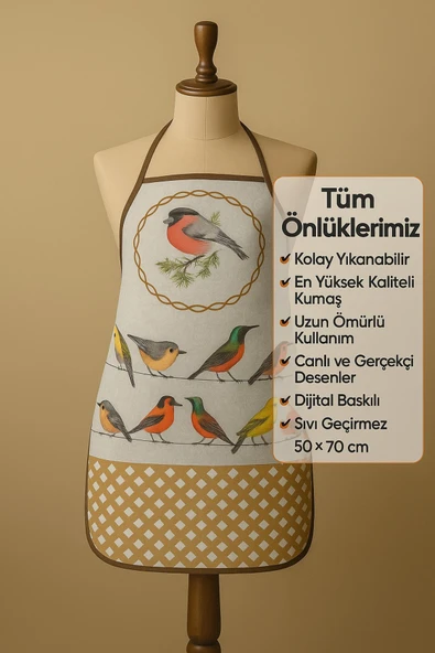 Dijital Baskılı Su Sıvı Geçirmez Leke Tutmaz Mutfak Önlüğü Kuş Diyarı - Resim 2
