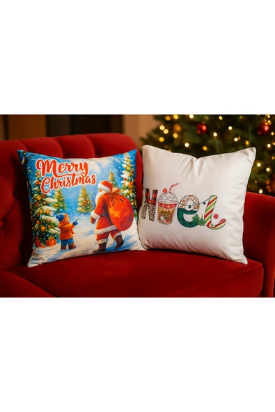 Çift Tarafı Baskılı Candy Christmas Desenli 2'li Set Kadife Kırlent Kılıfı Yılbaşı - Noel - Resim 2