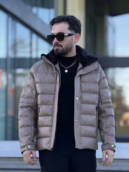 YAKASI KÜRKLÜ DERİ ERKEK MONT - Resim 8