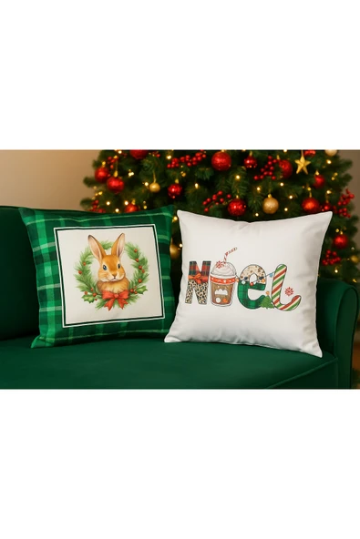 Çift Tarafı Baskılı Candy Christmas Desenli 2'li Set Kadife Kırlent Kılıfı Yılbaşı - Noel - Resim 3
