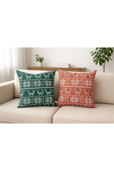 Çift Tarafı Baskılı Candy Christmas Desenli 2'li Set Kadife Kırlent Kılıfı Yılbaşı - Noel - Resim 3