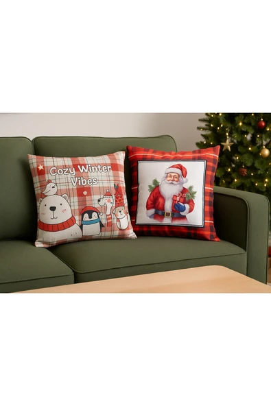 Çift Tarafı Baskılı Candy Christmas Desenli 2'li Set Kadife Kırlent Kılıfı Yılbaşı - Noel - Resim 2