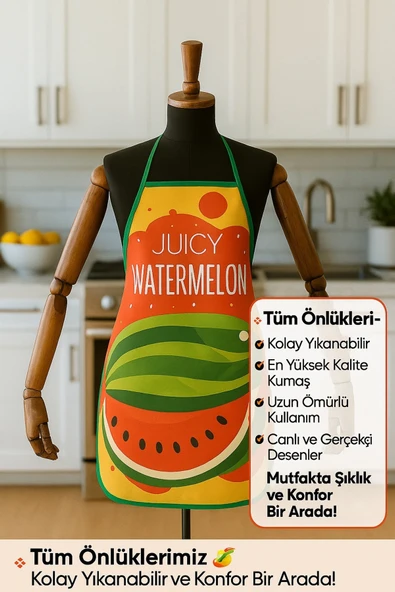 Dijital Baskılı Su Sıvı Geçirmez Leke Tutmaz Mutfak Önlüğü Watermelon - Resim 2