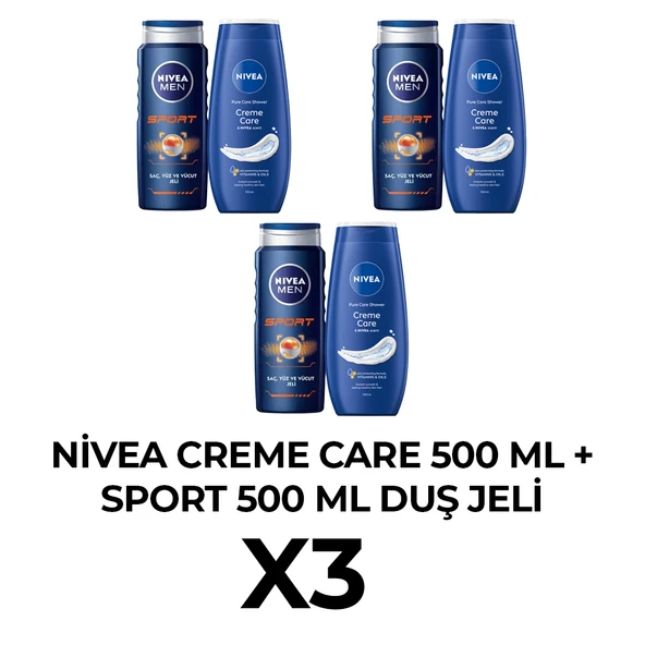 Nivea Creme Care 500ml + Sport 500ml Duş jeli x3 ürün görseli 1