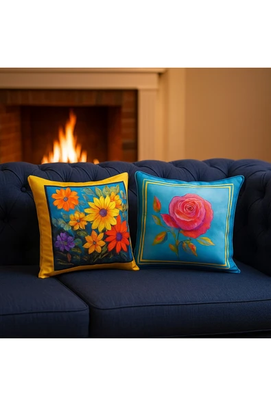 Kırlent kılıfı 3D Dijital Baskılı 2'Li Takım Çiçek Temalı Yastık Kılıfı ürün görseli