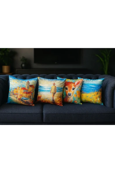 Kırlent kılıfı 3D Dijital Baskılı 4 Lü Takım Geyik Temalı Yastık Kılıfı - Resim 3