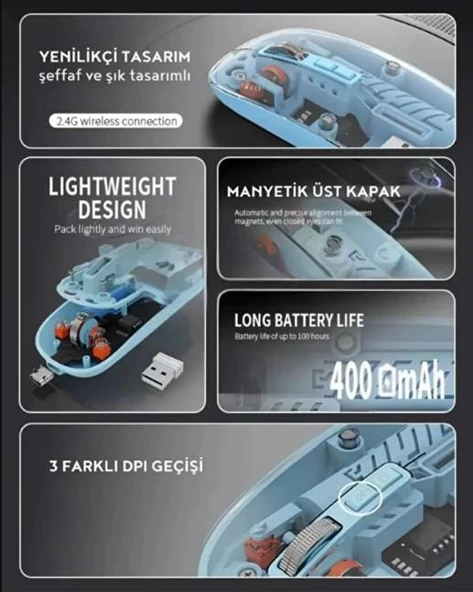 Şeffaf Tasarım Kablosuz Şarjlı Mouse (Bluetooth + USB Çift Mod) - Resim 3