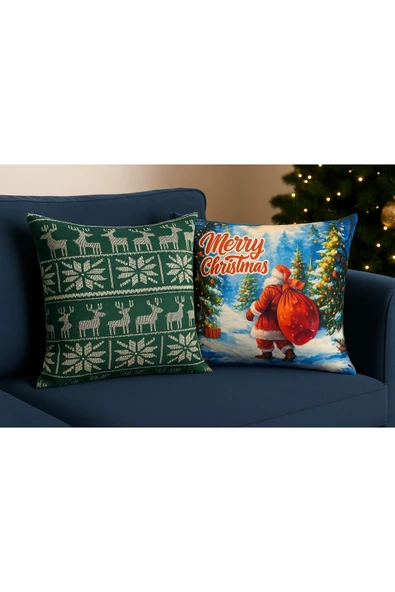 Çift Tarafı Baskılı Candy Christmas Desenli 2'li Set Kadife Kırlent Kılıfı Yılbaşı - Noel ürün görseli 1