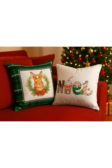 Çift Tarafı Baskılı Candy Christmas Desenli 2'li Set Kadife Kırlent Kılıfı Yılbaşı - Noel - Resim 2