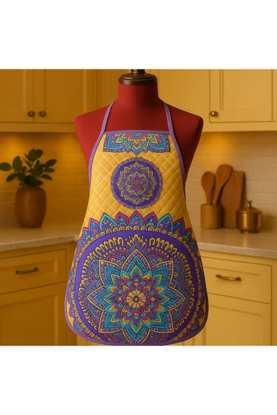 Kapitoneli Sıvı Geçirmez Leke Tutmaz Mutfak Önlüğü Dijital Baskılı Önlük Mandala - Resim 2