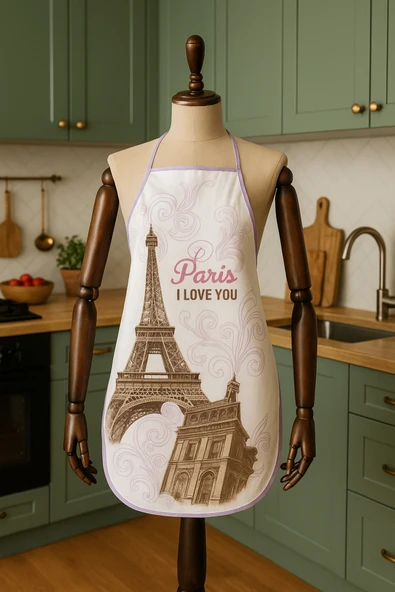 Dijital Baskılı Su Sıvı Geçirmez Leke Tutmaz Mutfak Önlüğü Eyfel Temalı - Resim 4