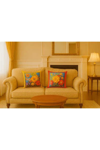 Kırlent kılıfı 3D Dijital Baskılı 2'Lİ Takım Doğa Ve Çiçek Temalı Yastık Kılıfı ürün görseli