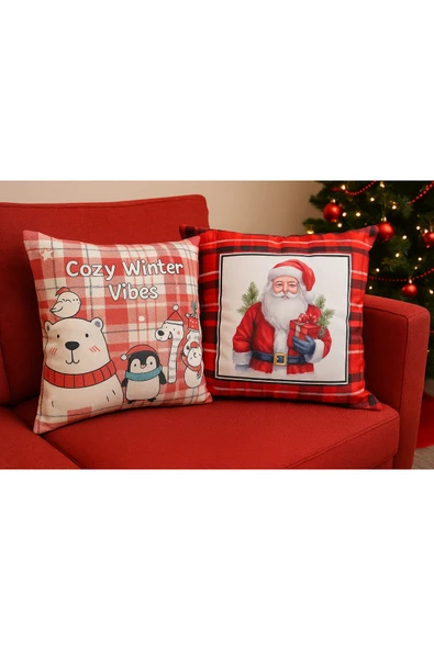 Çift Tarafı Baskılı Candy Christmas Desenli 2'li Set Kadife Kırlent Kılıfı Yılbaşı - Noel - Resim 3