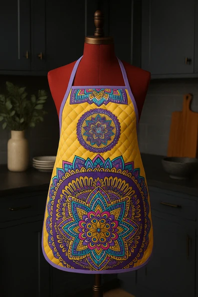 Kapitoneli Sıvı Geçirmez Leke Tutmaz Mutfak Önlüğü Dijital Baskılı Önlük Mandala - Resim 3