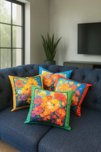 Kırlent kılıfı 3D Dijital Baskılı 4 Lü Takım Çiçekler Temalı Yastık Kılıfı - Resim 2