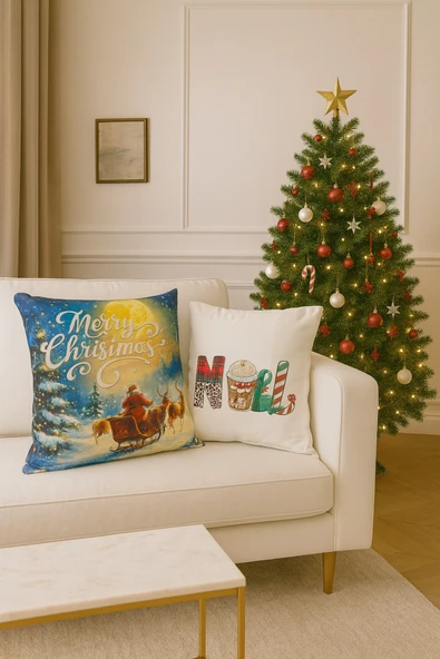 Çift Tarafı Baskılı Candy Christmas Desenli 2'li Set Kadife Kırlent Kılıfı Yılbaşı - Noel - Resim 2