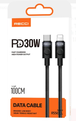Recci RS50CL Type-C to Lightning PD Örgü Tasarımlı Hızlı Şarj Özellikli Data ve Şarj Kablosu 30W 1M - Resim 5