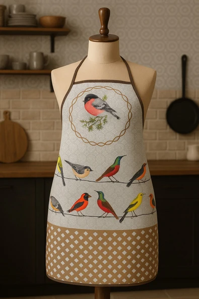 Dijital Baskılı Su Sıvı Geçirmez Leke Tutmaz Mutfak Önlüğü Kuş Diyarı - Resim 5