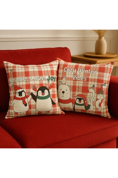 yılbaşı Temalı 2'i Kadife Kırlent Kılıfı 43x43 cm Nakış Görünümlü Set Dijital Baskılı - Resim 2