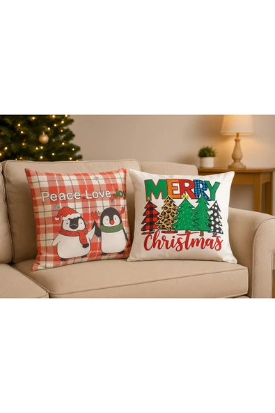 Yılbaşı Temalı 2li Kadife Kırlent Kılıfı 43x43 cm Nakış Görünümlü Set Dijital Baskılı ürün görseli