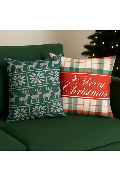 Çift Tarafı Baskılı Candy Christmas Desenli 2'li Set Kadife Kırlent Kılıfı Yılbaşı - Noel ürün görseli