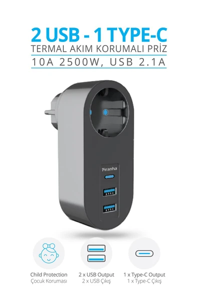 Piranha 45515 Akım Korumalı 2 USB / 1 Type-C'li Priz ürün görseli 1