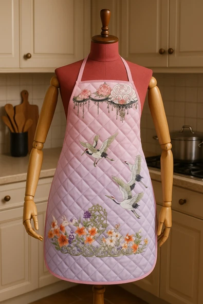 Kapitoneli Sıvı Geçirmez Leke Tutmaz Mutfak Önlüğü Dijital Baskılı Önlük Pembe Rüya - Resim 3