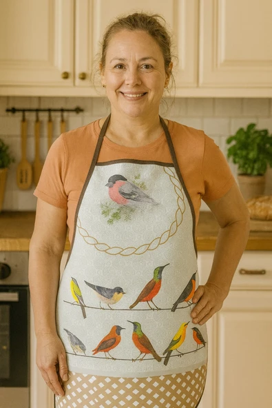 Dijital Baskılı Su Sıvı Geçirmez Leke Tutmaz Mutfak Önlüğü Kuş Diyarı - Resim 6